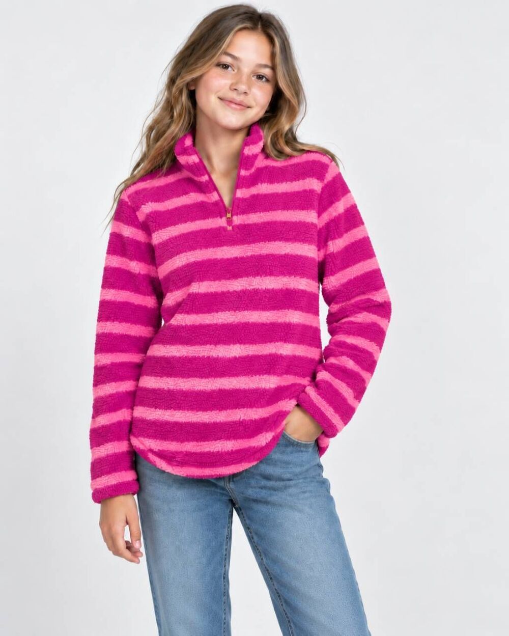 C9 Champion Girls XL 14-16 Pink Stripe Sherpa Fleece Quarter Zip Pullover